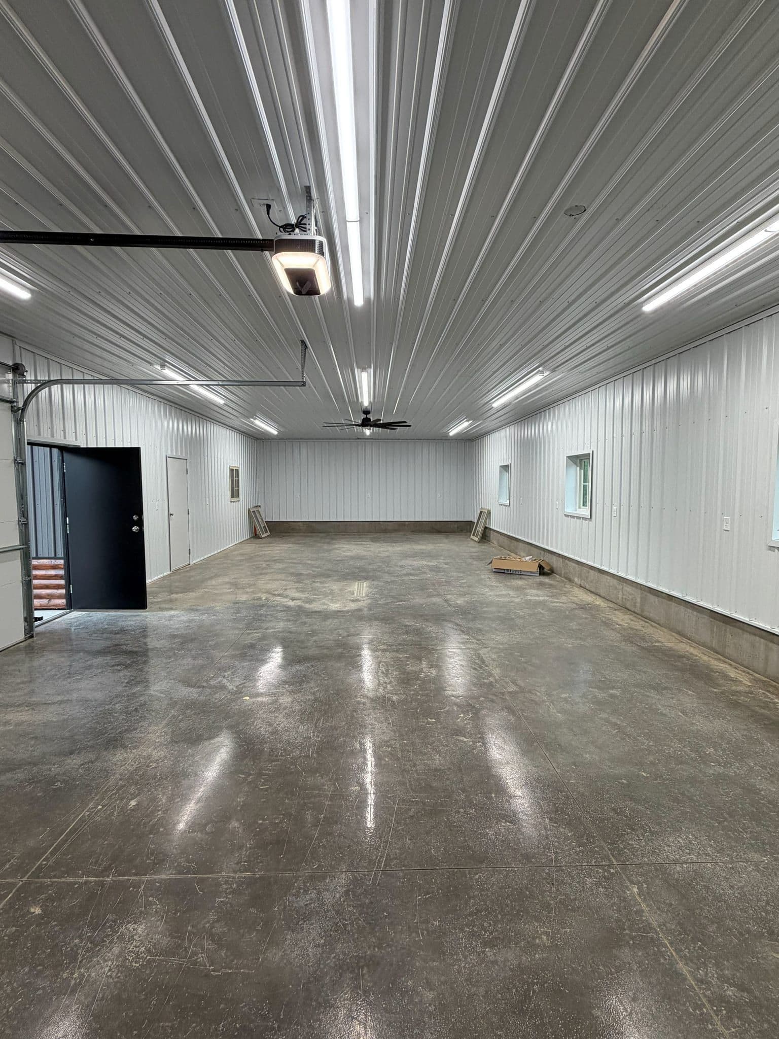 Steel-lined shop, lights on